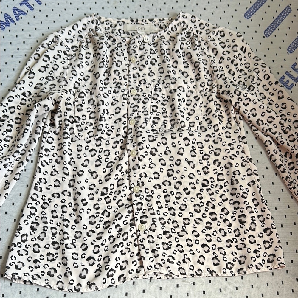 LOFT White and Black Leopard Print Button Down Shirt